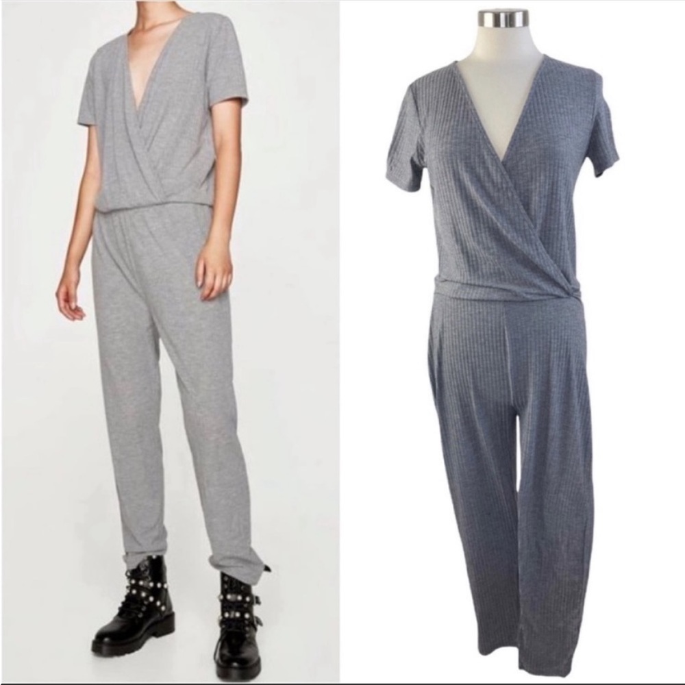 ZARA Gray Ribbed Surplice Top Jumpsuit size S